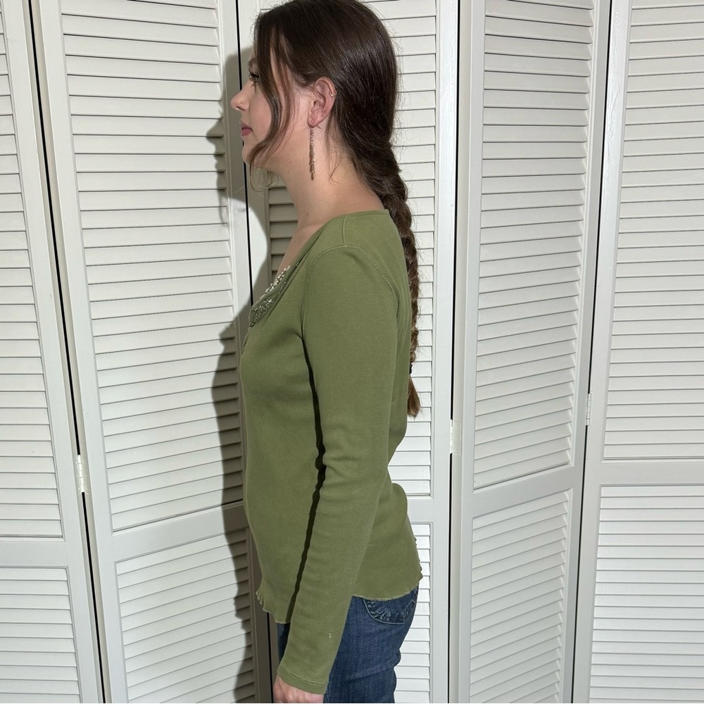 Women’s Top - Olive Green V-Neck with Sequins by For Joseph Fortune - Size M - Picture 5 of 16